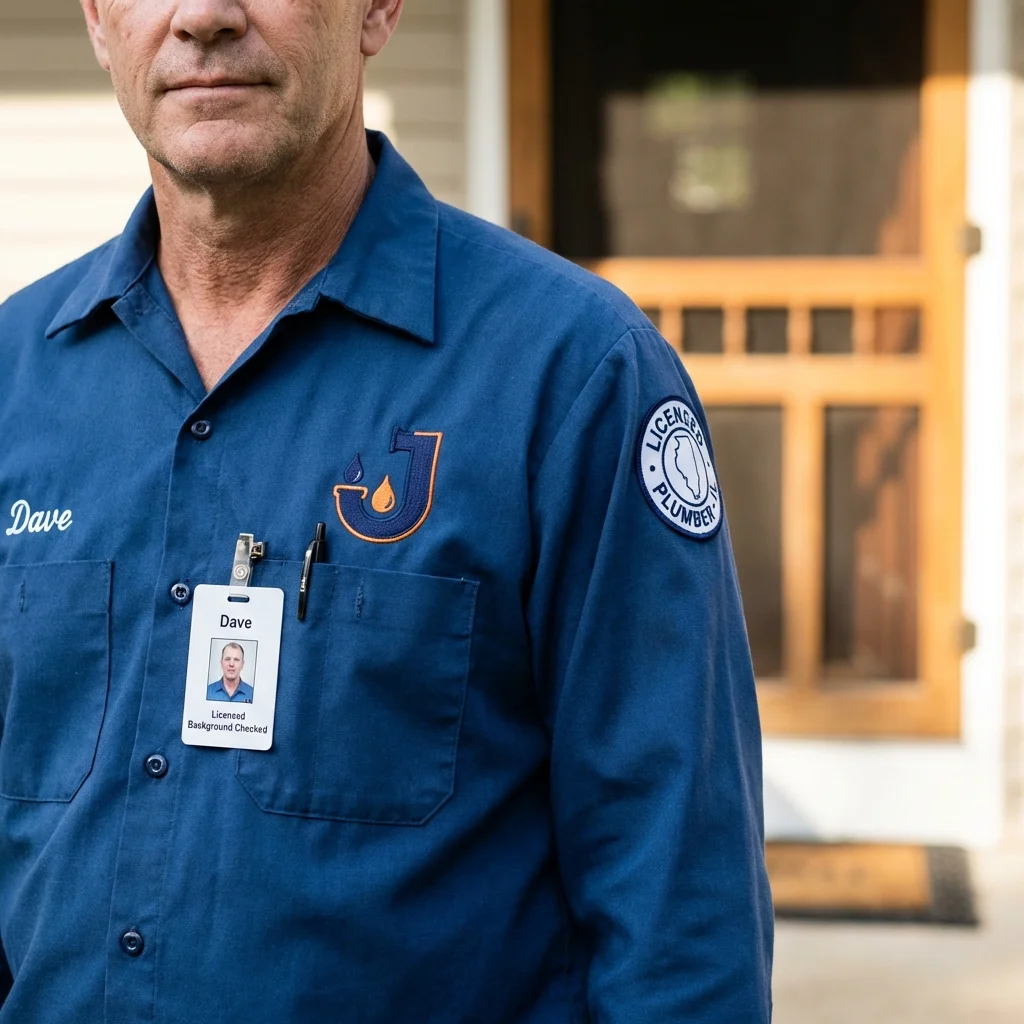 Licensed plumber showing ID badge in San Tan Valley, AZ