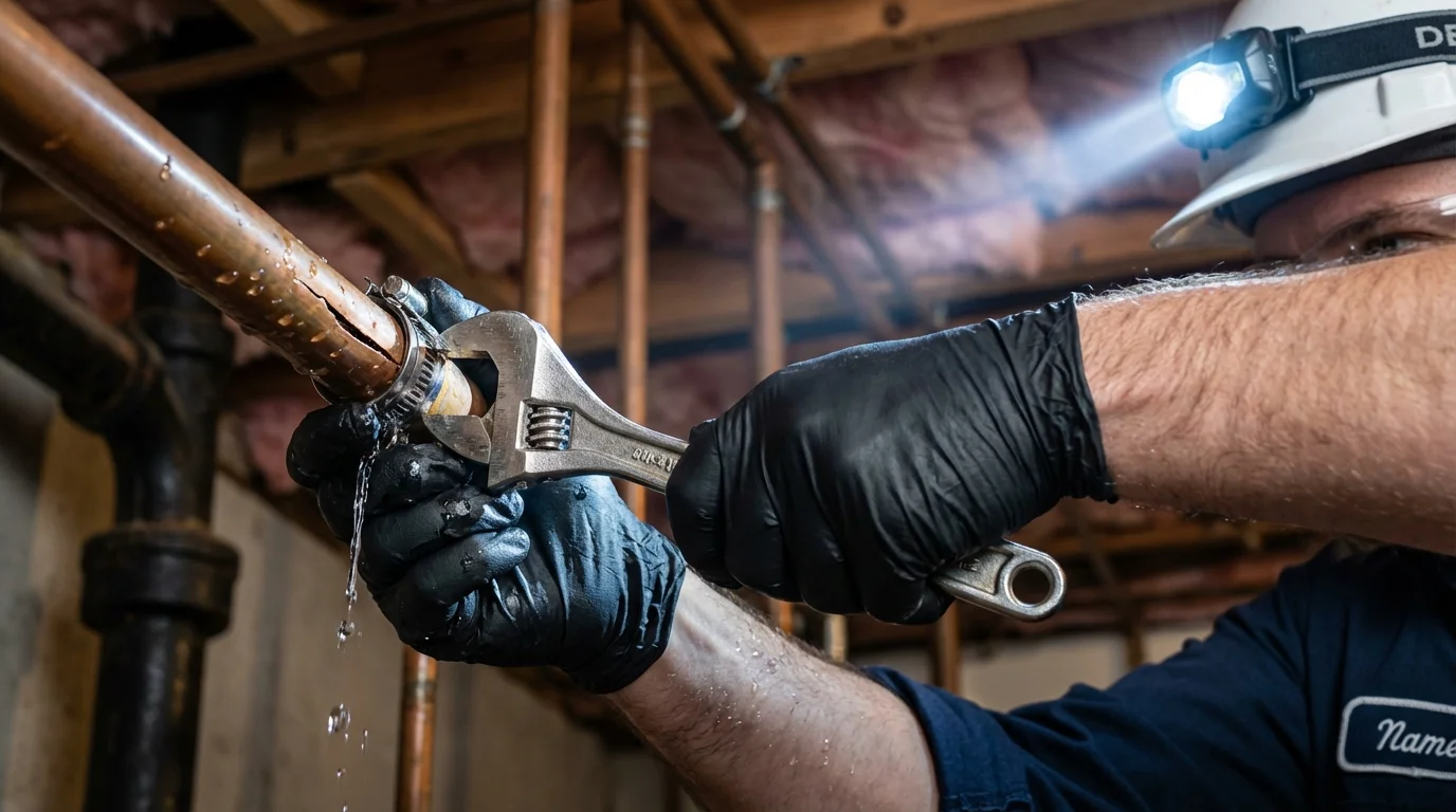 Emergency pipe clamp repair being performed by a Johns Plumbing LLC plumber in San Tan Valley
