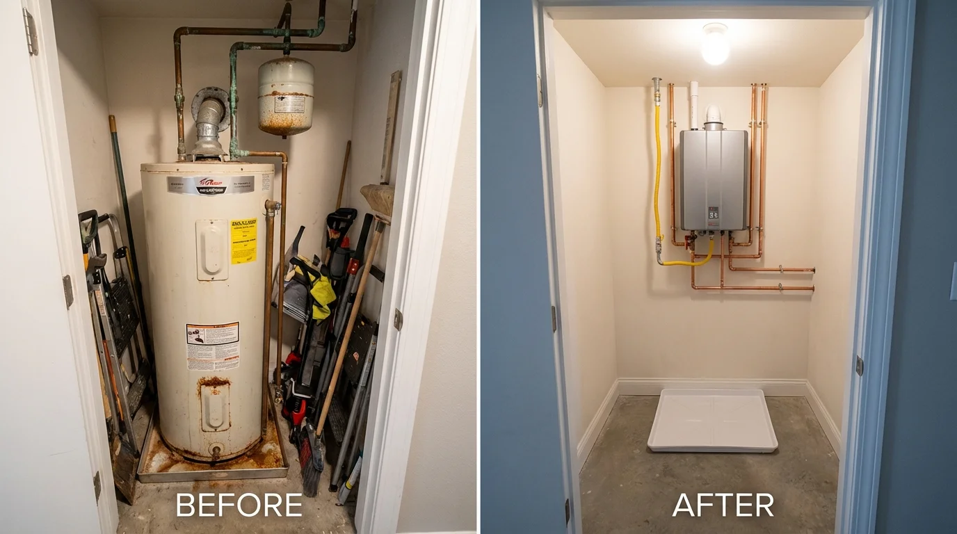 Tank water heater versus wall-mounted tankless unit comparison for San Tan Valley, AZ homeowners