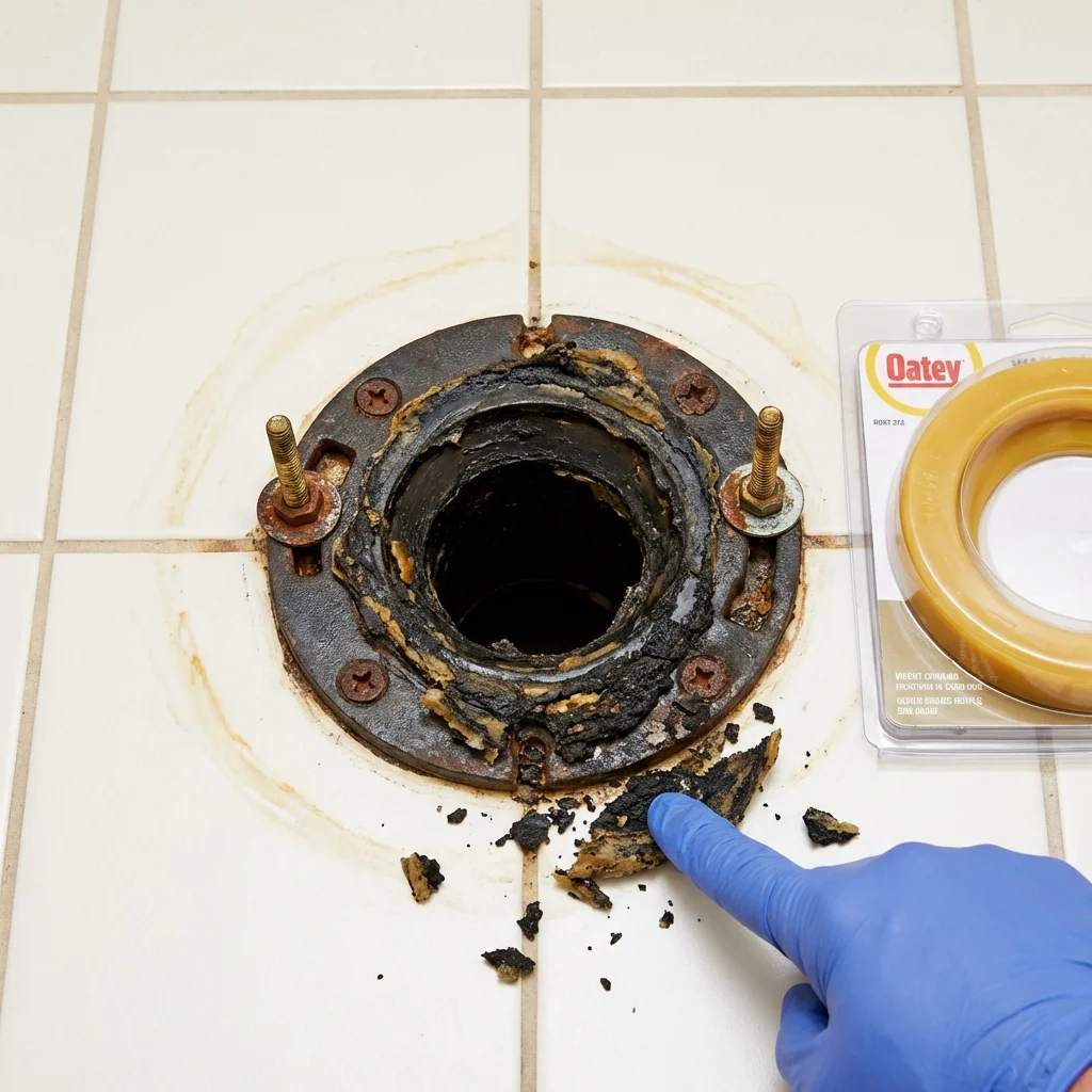 Failed wax ring showing water seepage at the base of a toilet in a San Tan Valley, AZ home