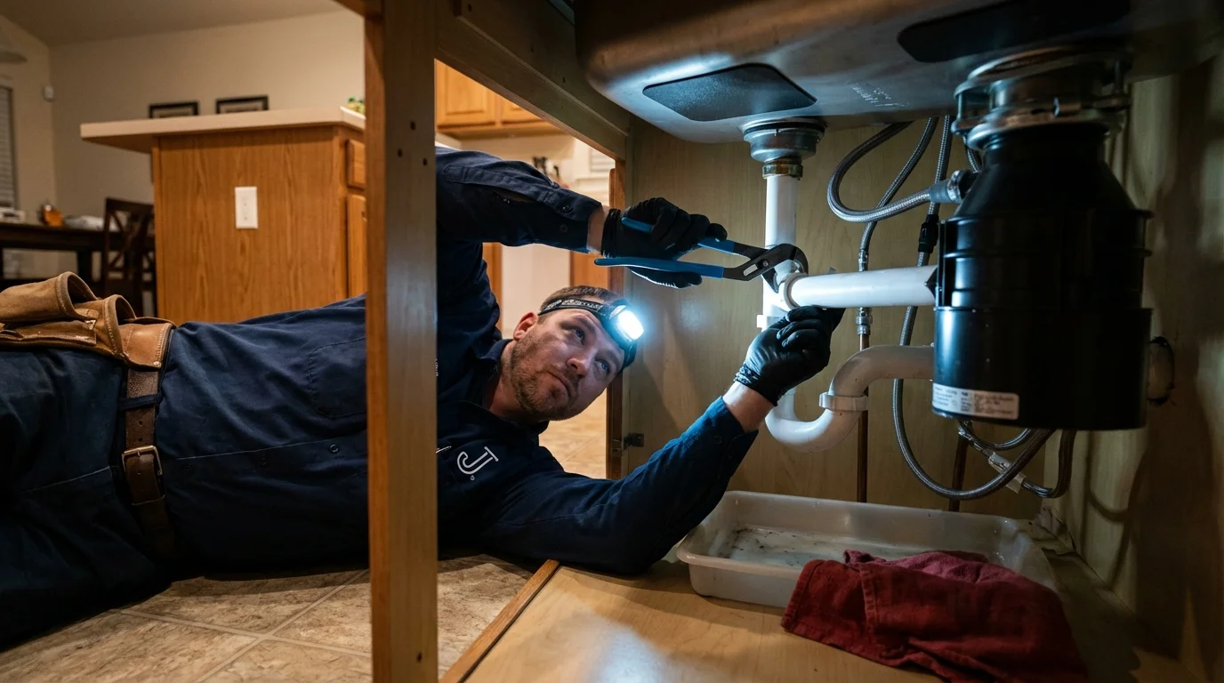 P-trap and supply line connections under a kitchen sink showing a common leak point in San Tan Valley, AZ